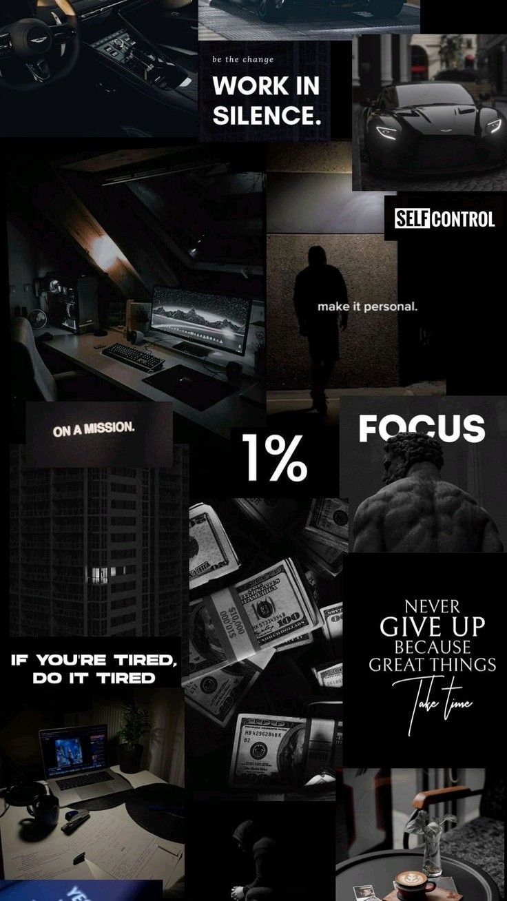 Collage of motivational and work-themed images with text overlays.
